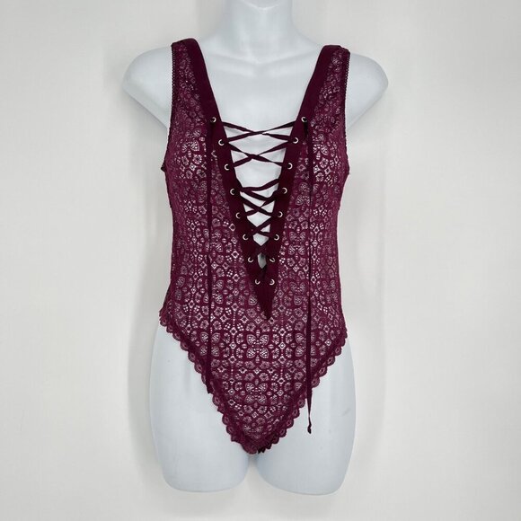 Victorias Secret Lace Burgundy Bodysuit With Lace-Up Front & Scalloped Edges Siz - Picture 1 of 8